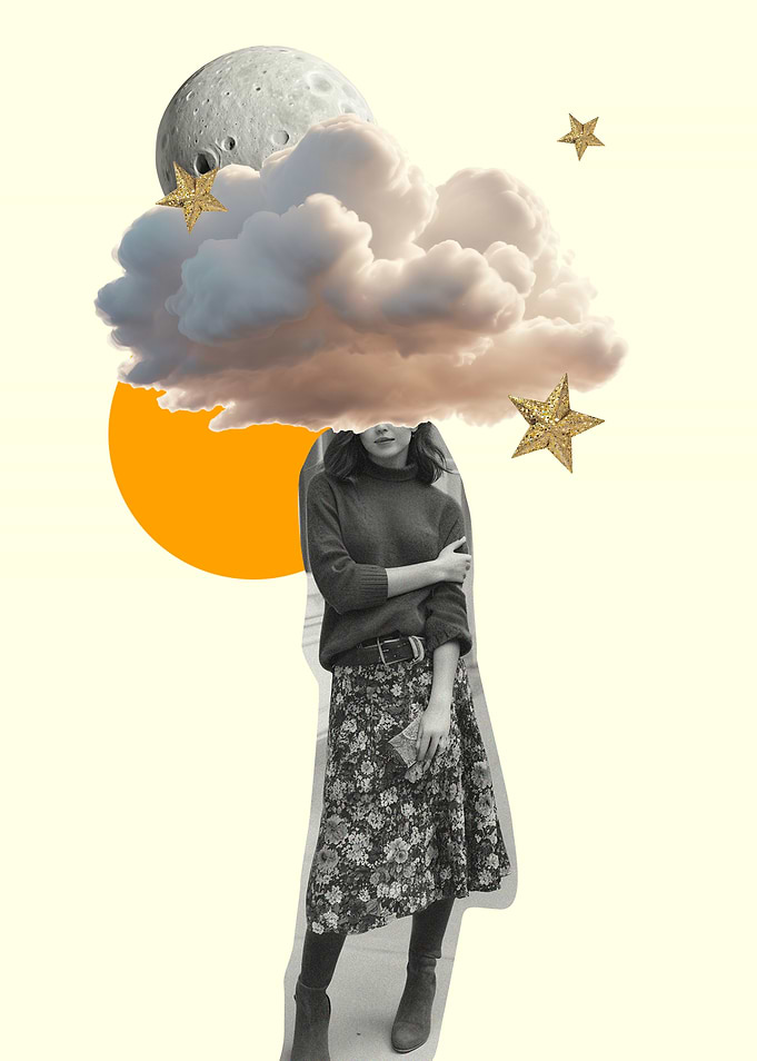 Surreal Collage: Woman with Cloud Head