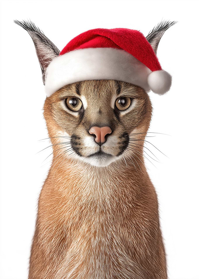 Christmas Caracal Cat with Santa Hat