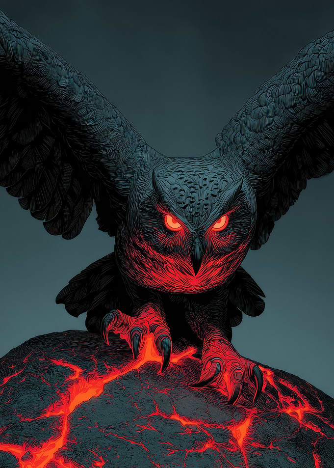 Fiery Owl Perched on Lava Rock