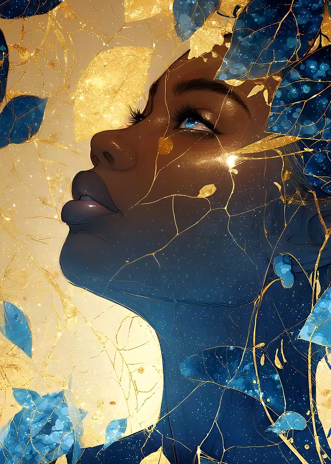 Woman with Gold and Blue Leaves