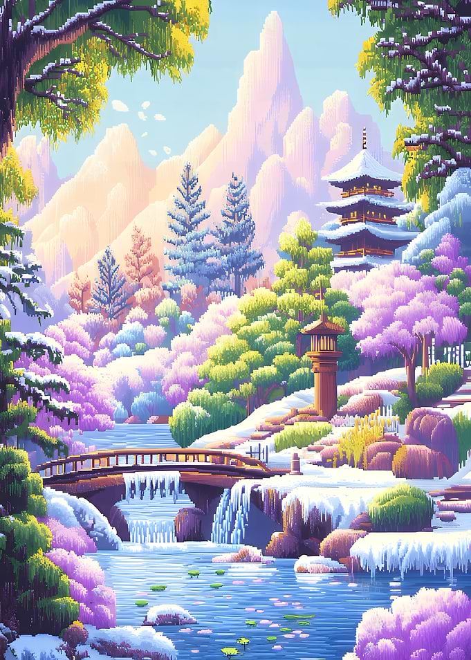 Pixel Art Winter Japanese Garden Landscape
