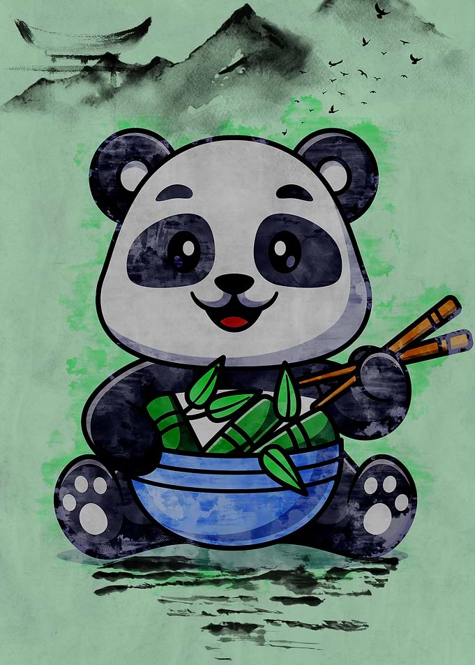 Cute Panda with Bamboo and Chopsticks