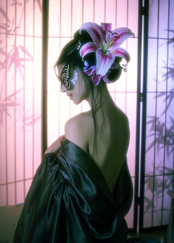 Woman with Butterfly Mask and Lily