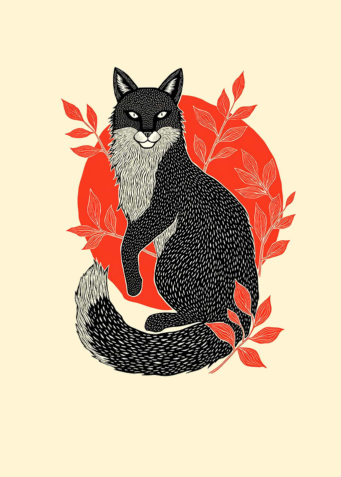 Fox Illustration with Red Leaves