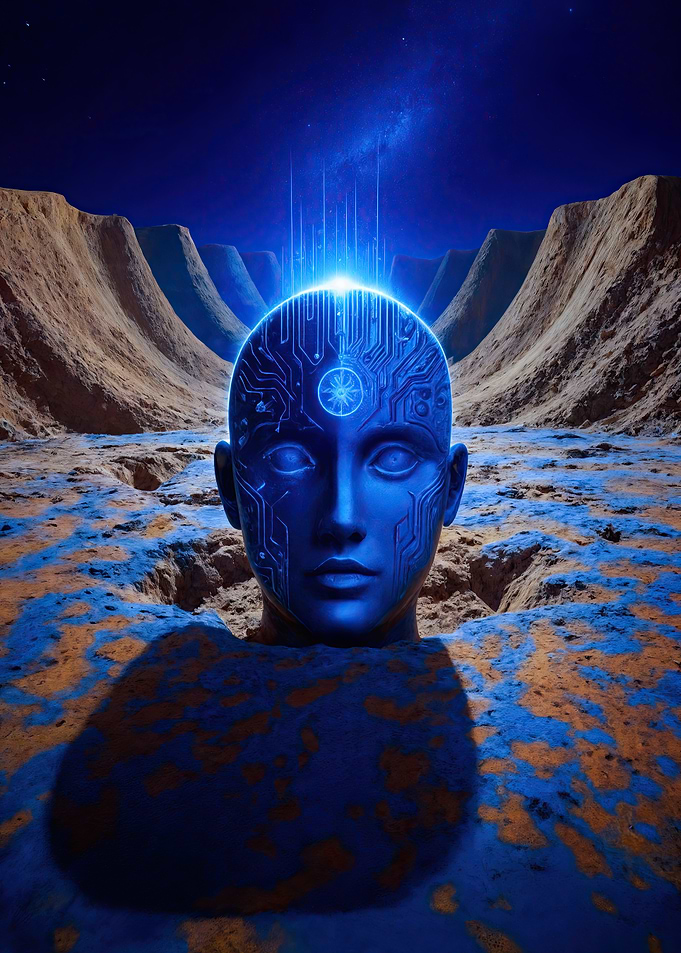 Blue AI Head in Desert Landscape