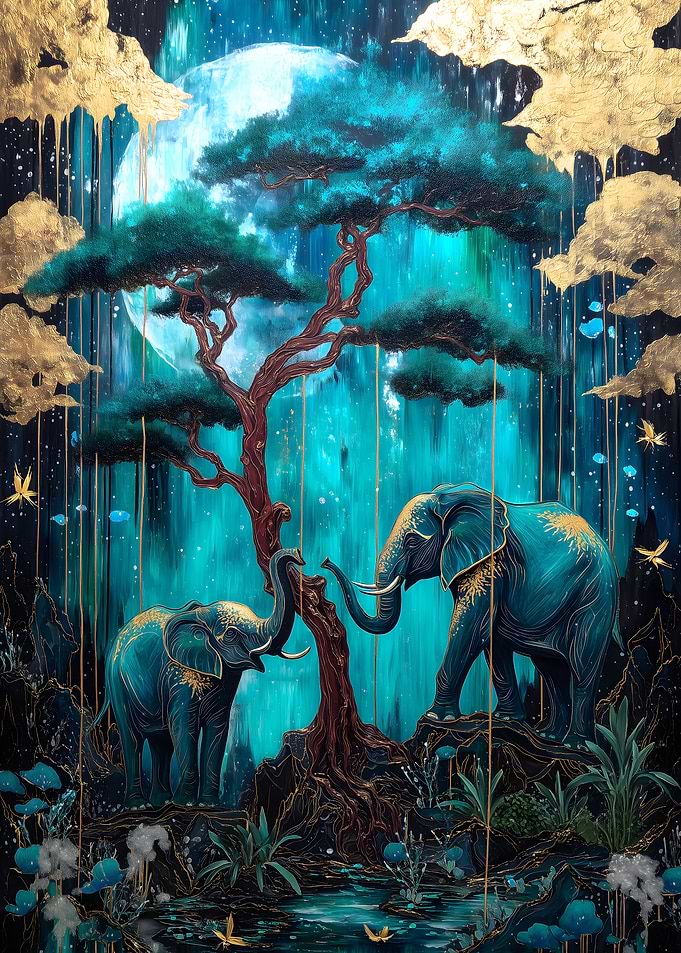 Elephants under the moonlit tree