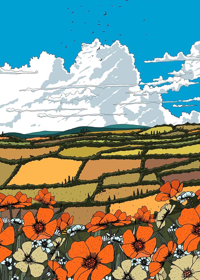 Floral Field Landscape with Cloudy Sky