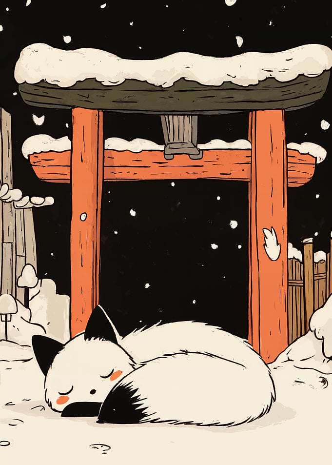 Sleeping Fox in Snowy Shrine
