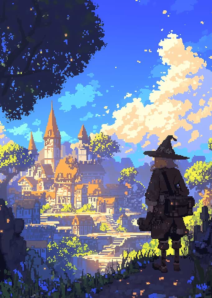 Pixel Art Witch Overlooking Medieval Town