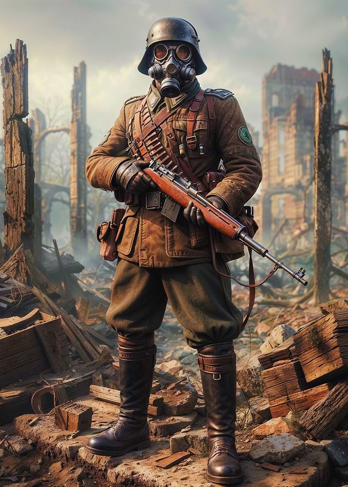 Soldier in Ruins with Gas Mask