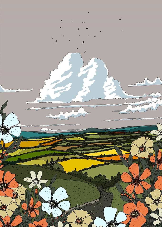 Floral Landscape with Cloudy Sky