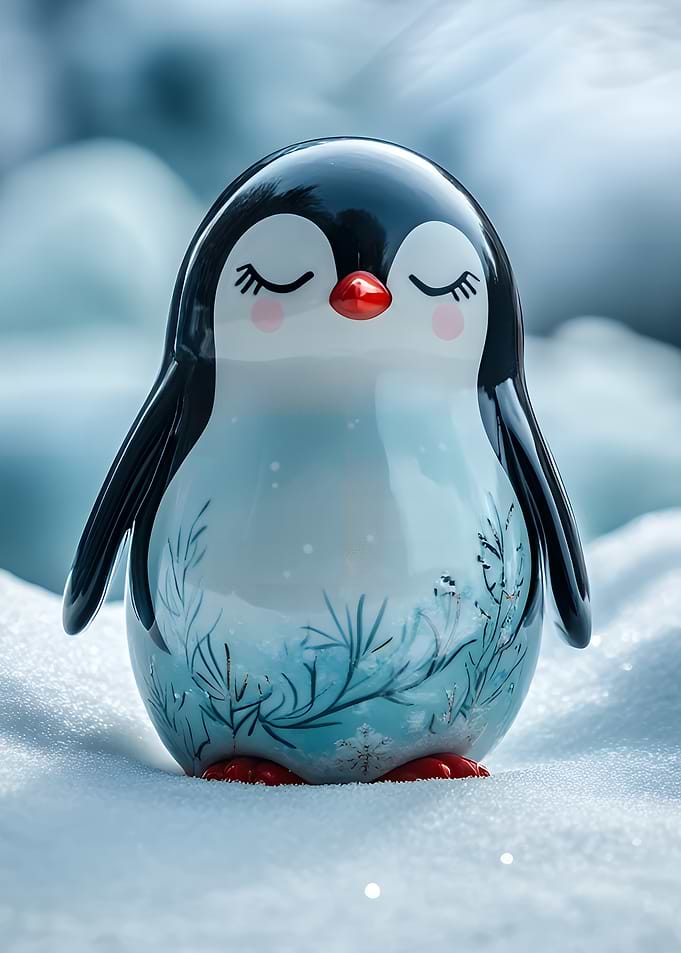 Cute Penguin Figurine in Snowy Scene