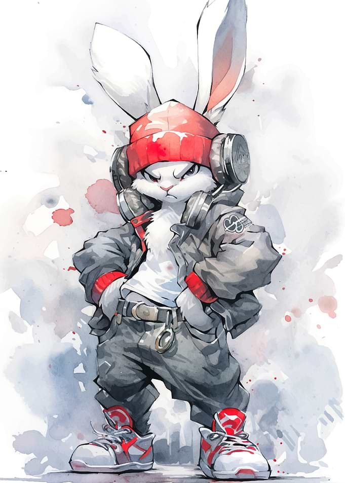 Cool Rabbit with Headphones and Beanie