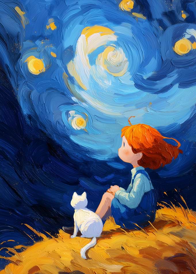 Girl and Cat Under Starry Sky