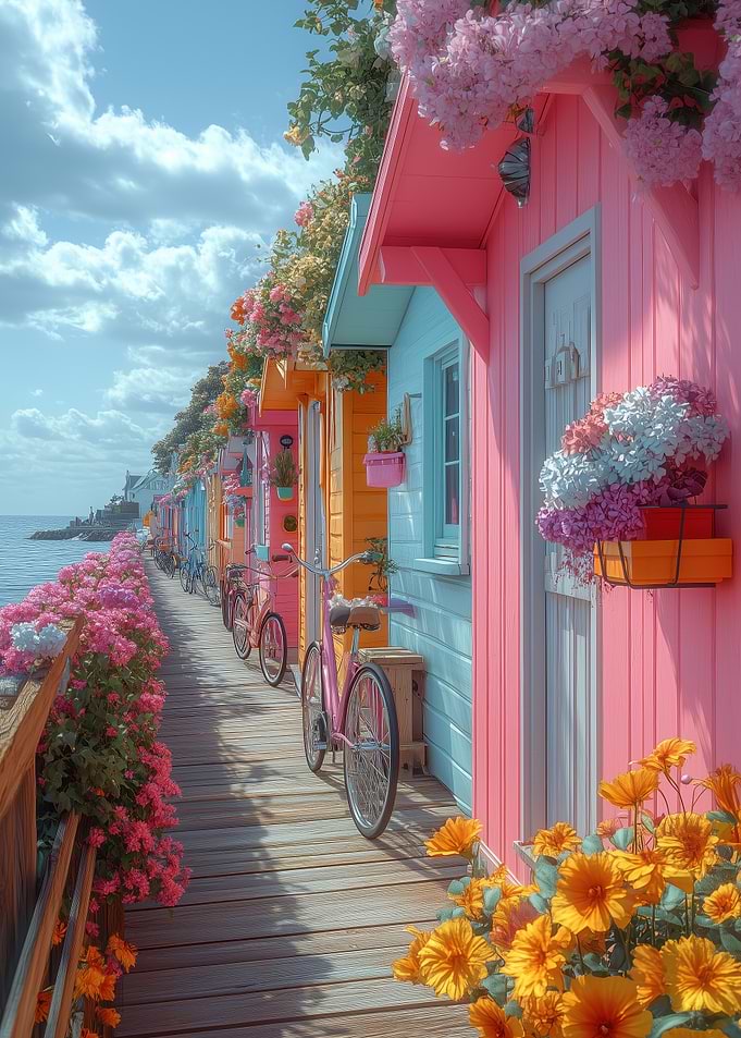 Colorful Beach Houses with Bicycles