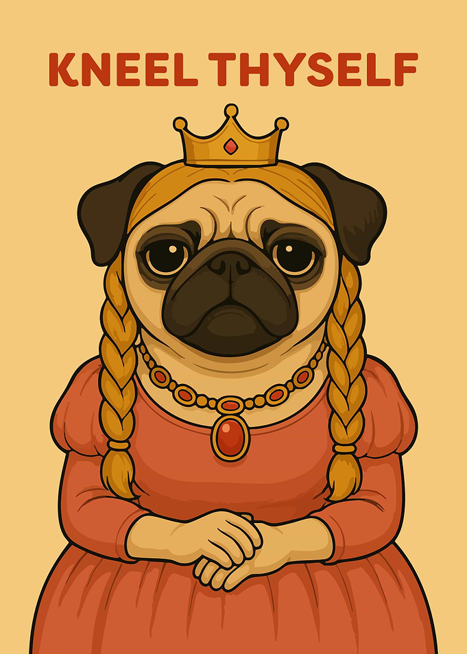 Kneel Thyself Pug Queen Funny Cute Dog Vintage Art Illustration