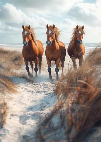 Three Horses Running on Beach