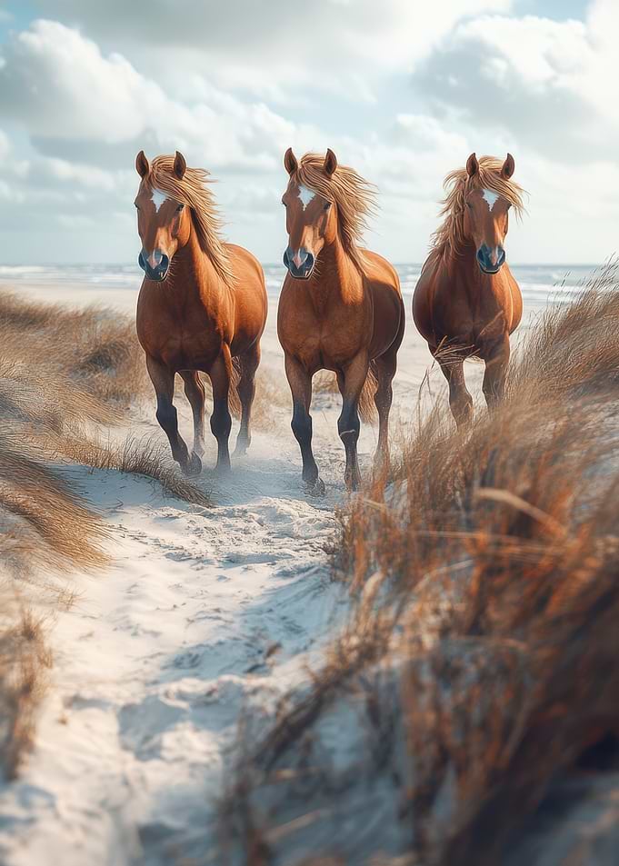 Three Horses Running on Beach
