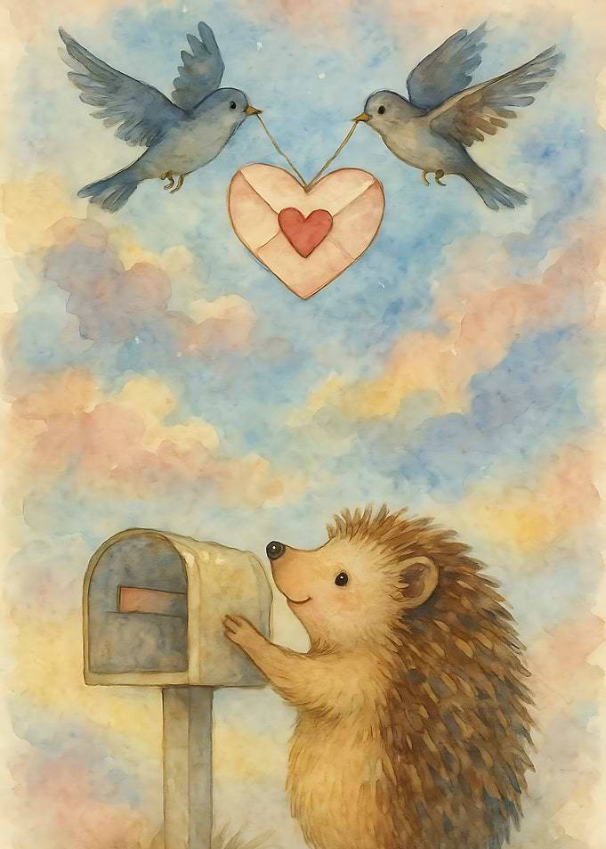 Hedgehog at Mailbox with Birds Carrying Heart-Shaped Envelope
