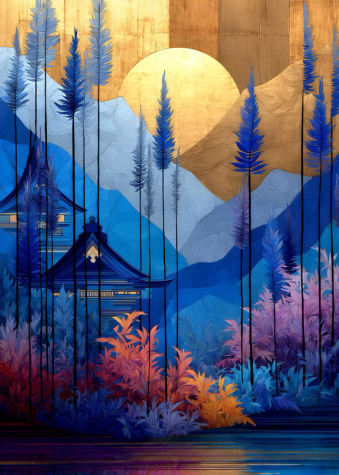 Japanese Landscape with Temple and Trees