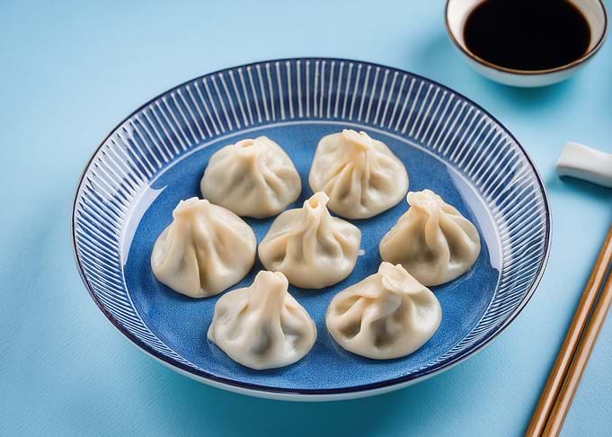 Dumplings on Blue Patterned Plate