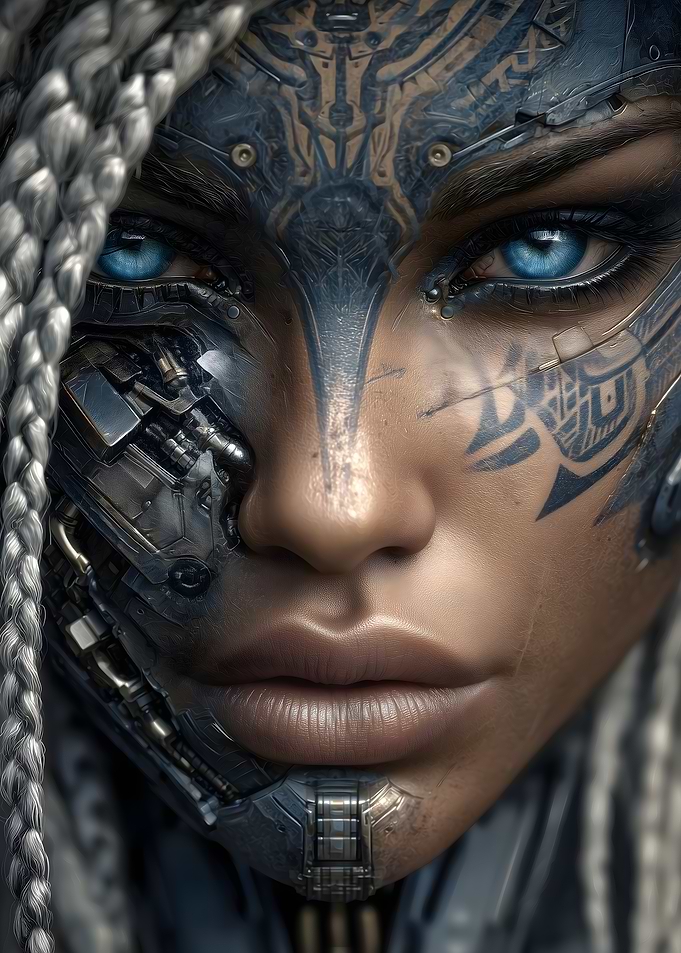 Cybernetic Woman with Braids and Markings