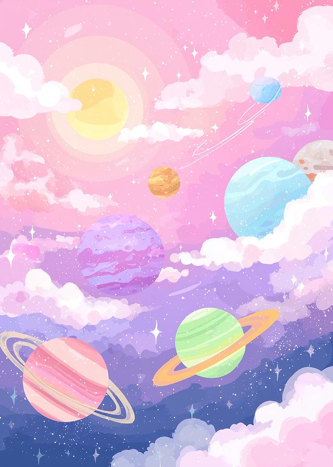 Pastel Planets in Cloudy Sky