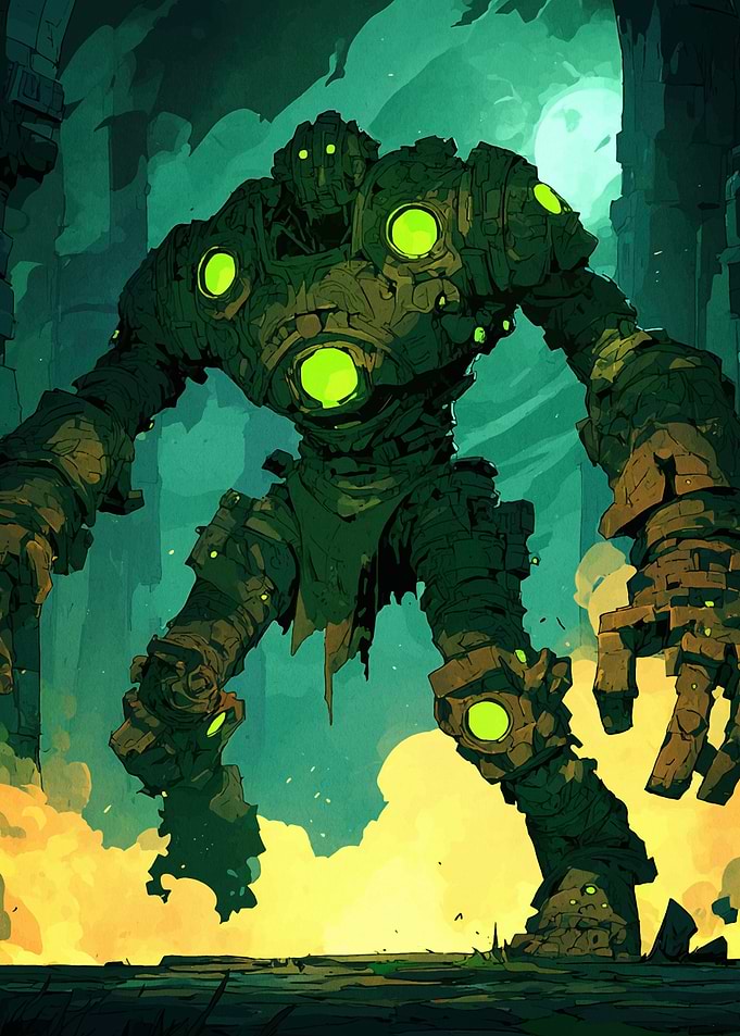 Stone Golem with Glowing Green Eyes