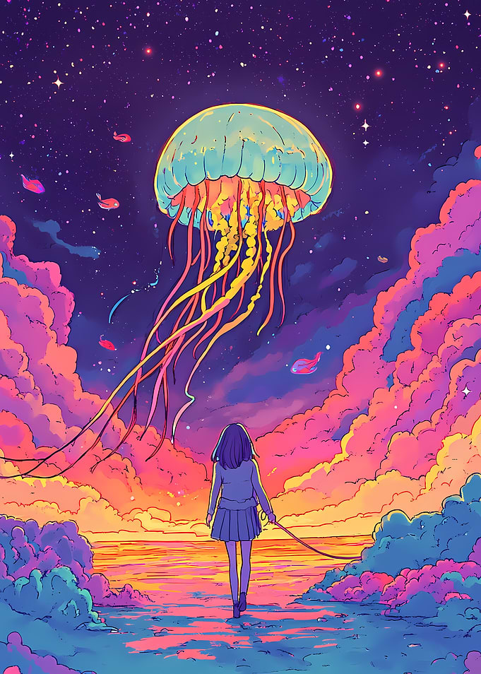 Girl with Jellyfish in Dreamy Landscape