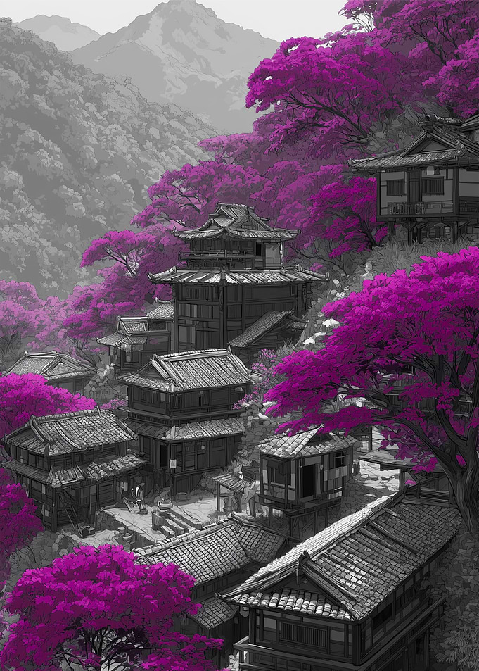 Japanese Village with Purple Trees