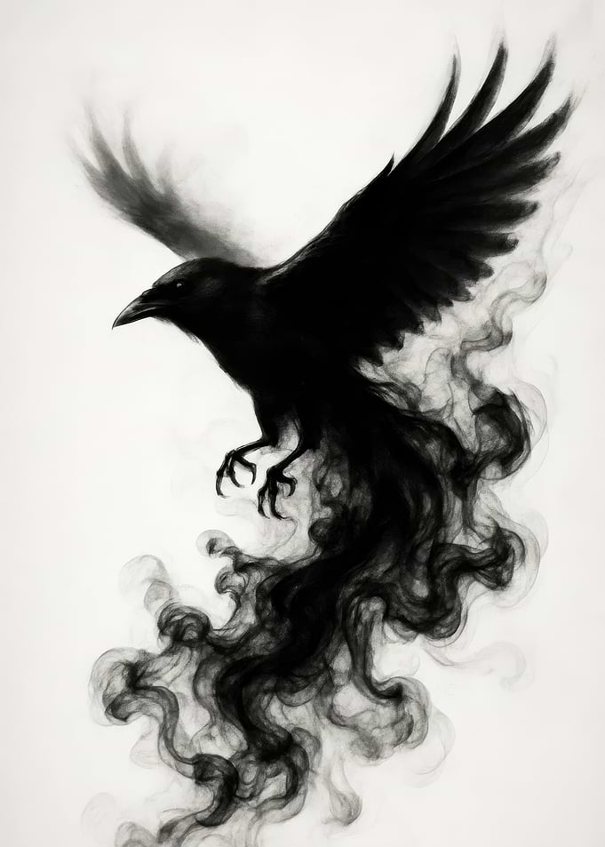 Raven in Flight with Smoke