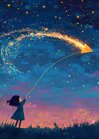 Girl Flying a Glowing Kite at Night