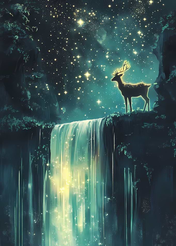 Glowing Deer by Waterfall at Night