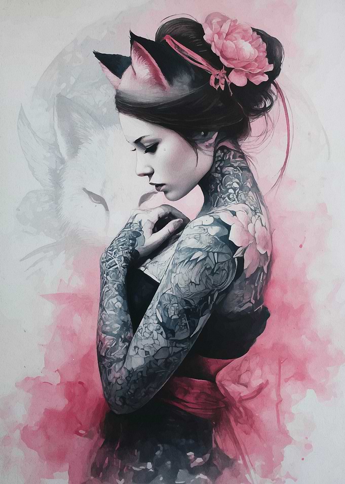 Tattooed Cat-Eared Woman Watercolor Portrait