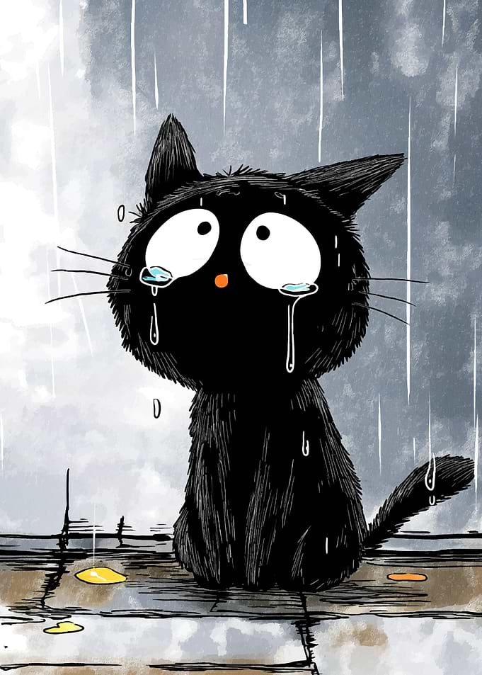 Sad Black Cat in the Rain