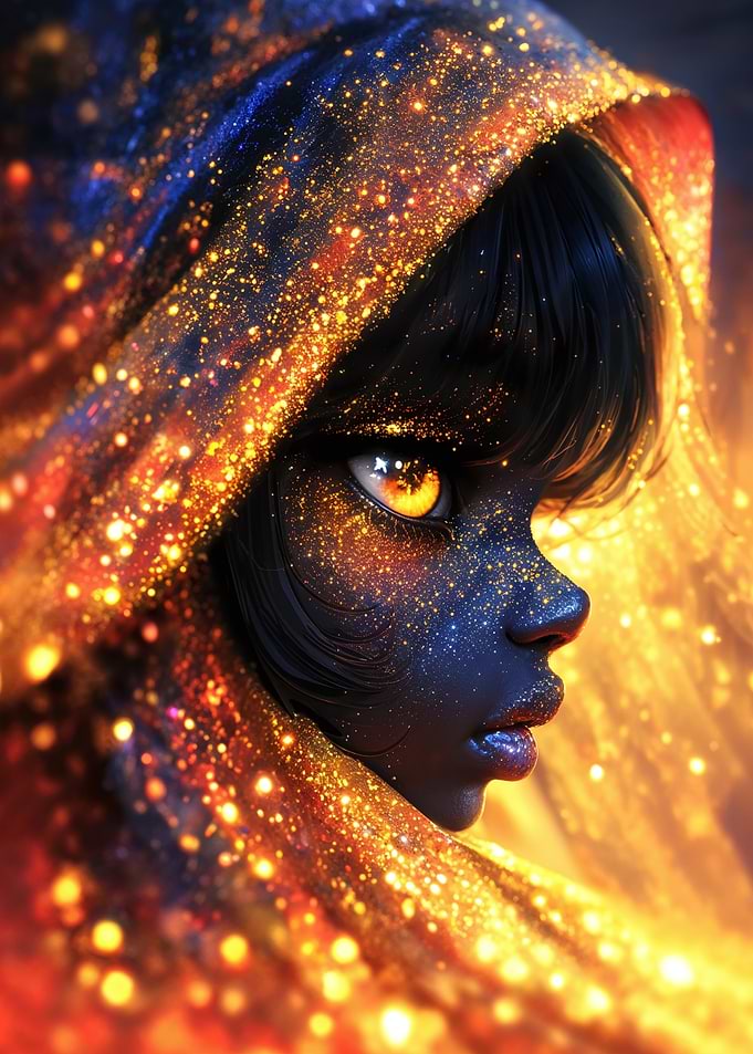 Hooded Figure with Golden Sparkles