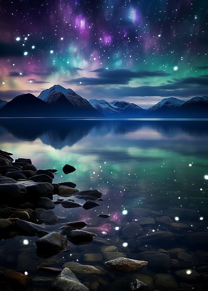 Aurora Borealis over Mountain Lake