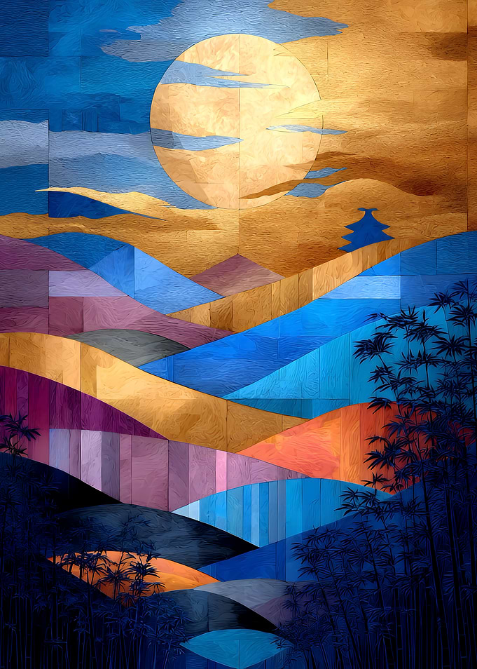 Abstract Asian Landscape with Moon