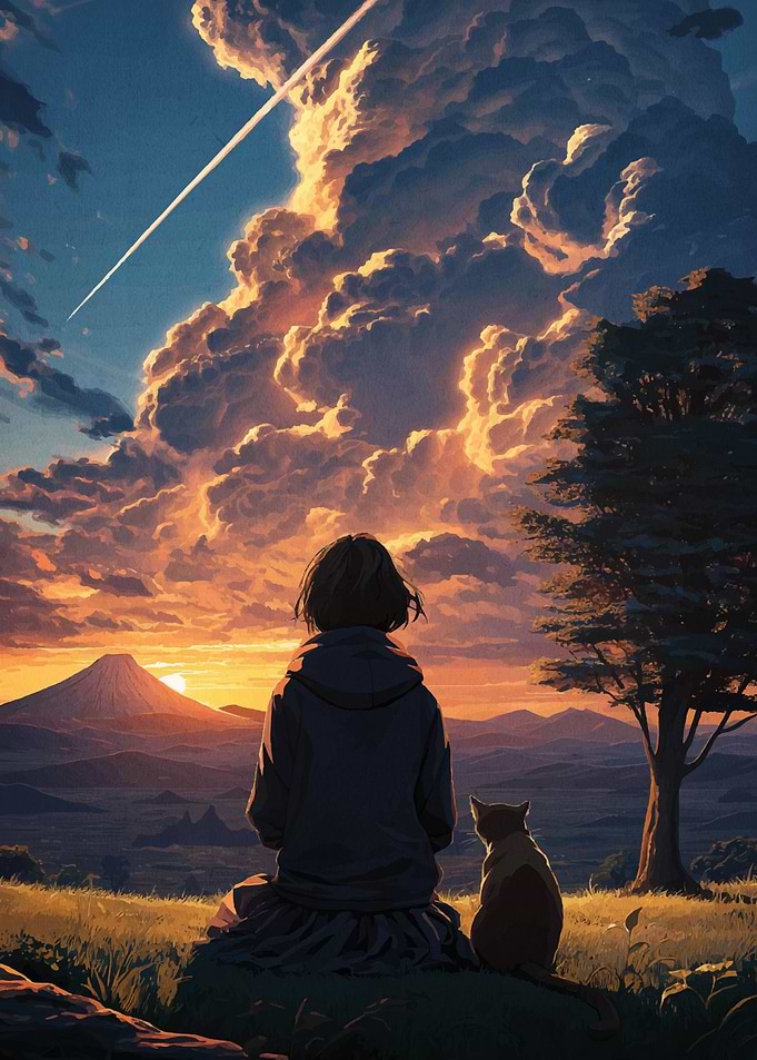 Girl and Cat Watching Sunset Landscape