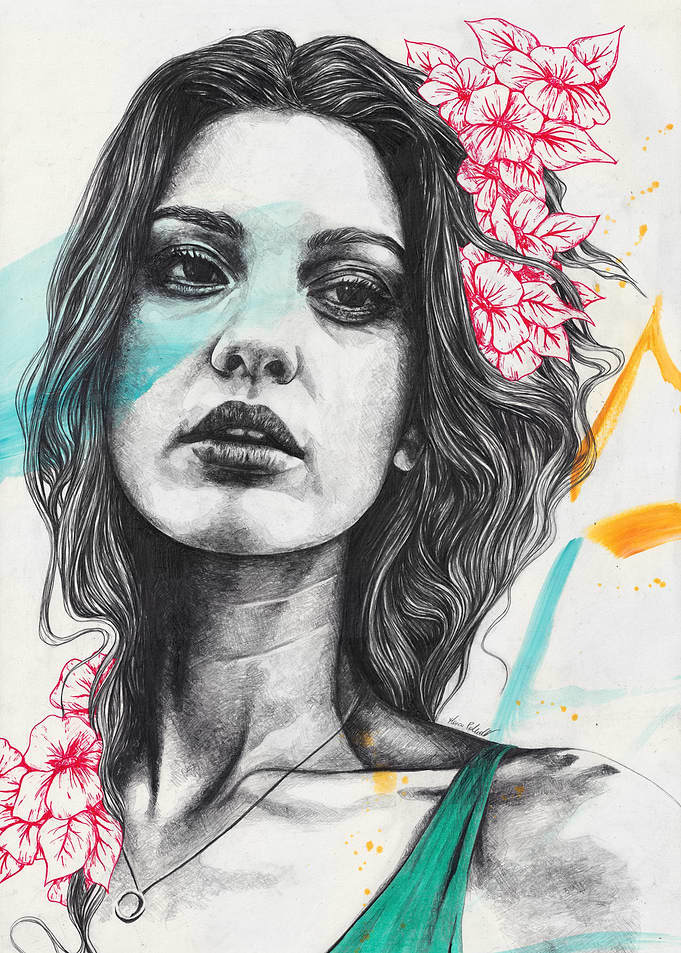 Woman with red doodle flowers