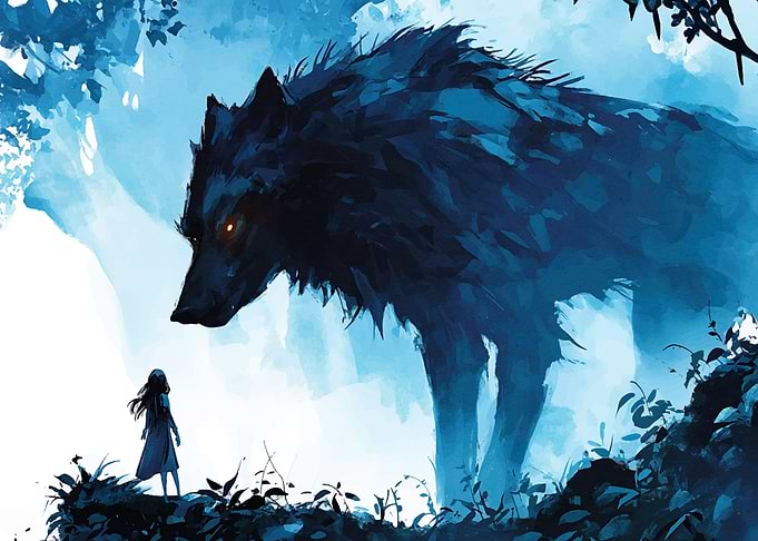 Girl Giant Wolf Illustration