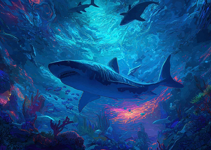 Underwater Sharks Colorful Ocean