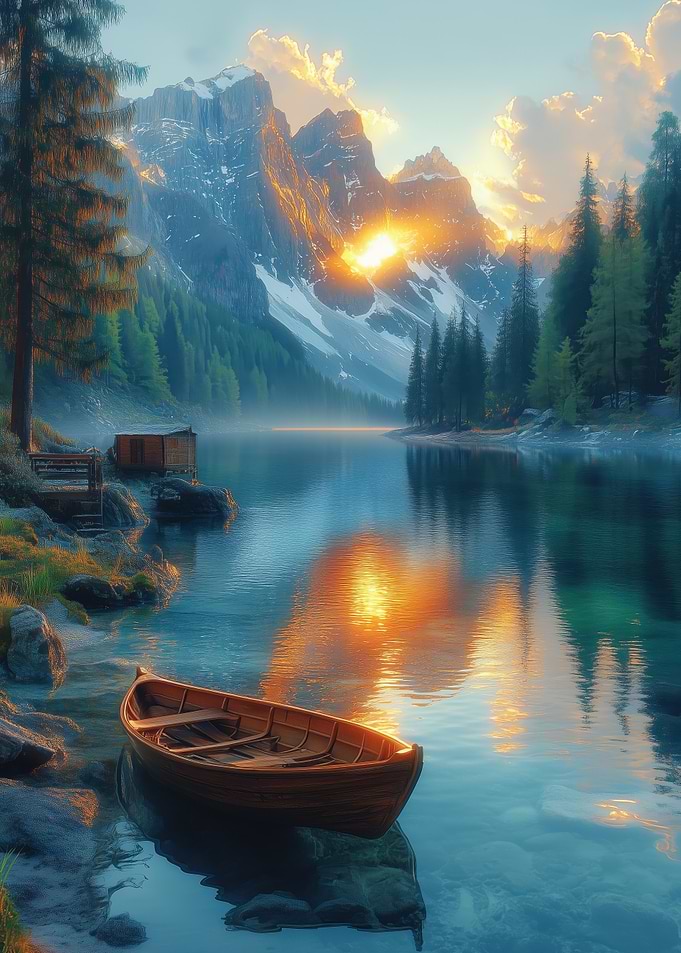 Mountain Lake with Boat at Sunrise