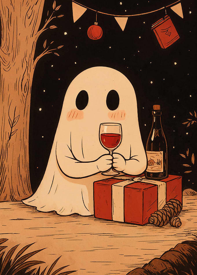 Cute Ghost with Wine and Gift