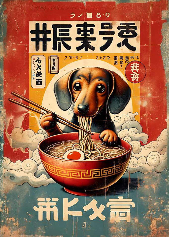 Dachshund eating ramen vintage poster