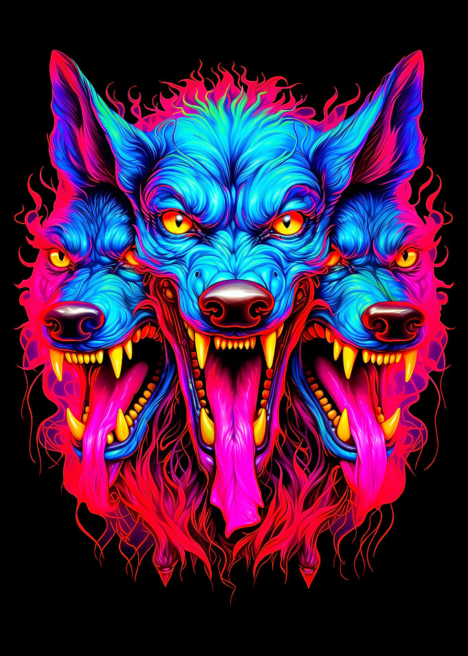 Three-Headed Wolf Cerberus Neon Art