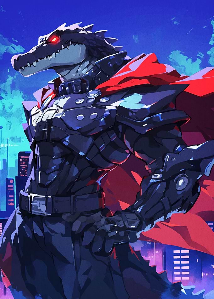 Armored Crocodile Warrior in Cityscape