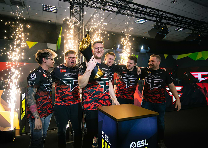 Esports Team Victory Celebration with Trophy
