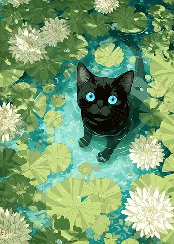 Black Cat in Lily Pond