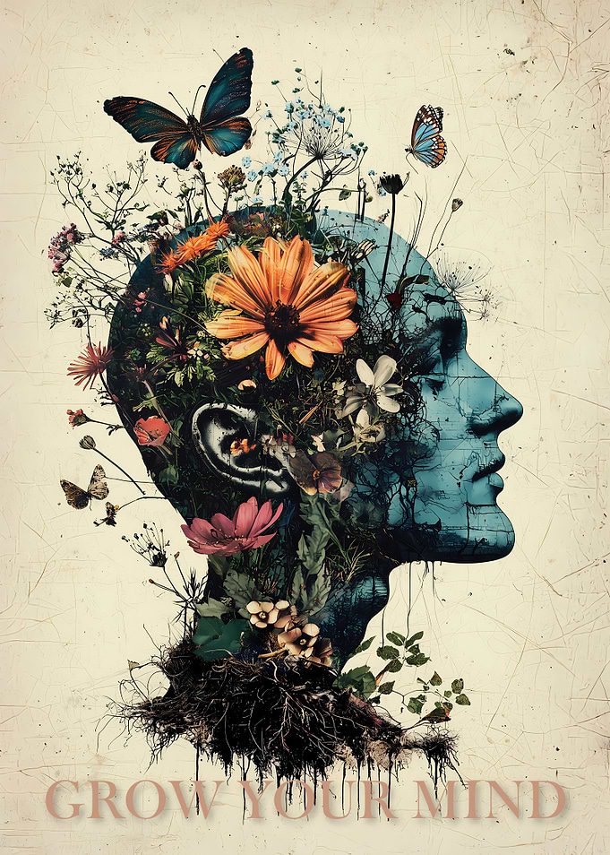 Grow Your Mind – Floral Human Head with Butterflies